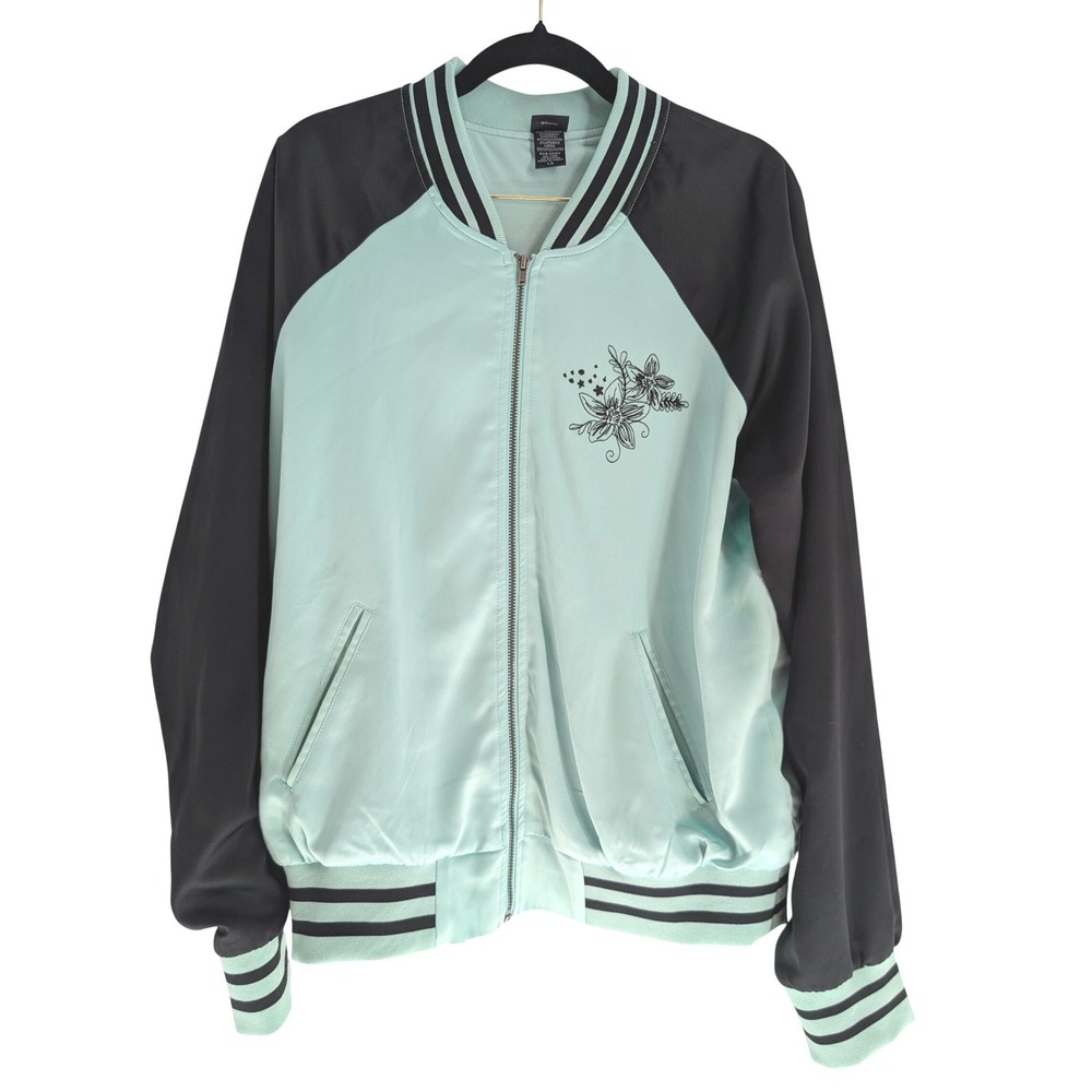 Disney The Little Mermaid Bomber Jacket Women L Mint Black Ariel Flounder Zip Up